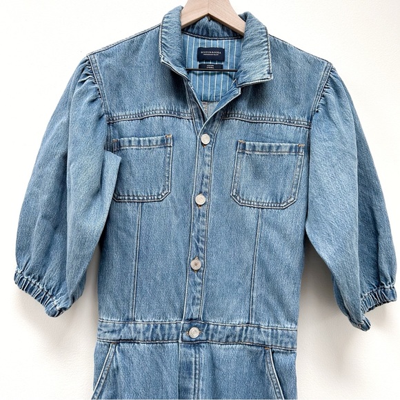 NWT Scotch & Soda Balloon Sleeve Straight Leg Denim Jumpsuit Washed Indigo sz S - Picture 3 of 16